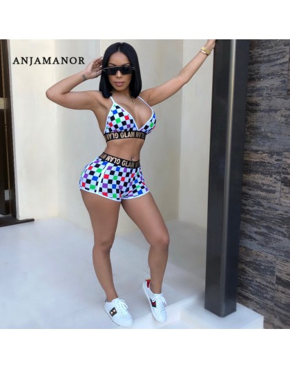ANJAMANOR Plaid Sexy 2 sztuka zestaw kobiety Crop top i szorty stroje plażowe 2020 lato sukienka do klubu szachownica ubranko z 