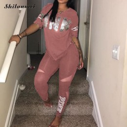 Kobiety na co dzień 2 sztuka zestaw S-Xxxl różowy list drukuj Sexy dres bluzka w rozmiarze plus size + spodnie obcisłe dresy dwu