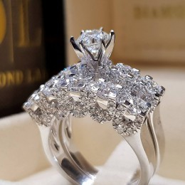 2 szt. Zestaw dla nowożeńców eleganckie pierścionki dla kobiet Sliver kolor ślubna modna biżuteria zaręczynowa z pełnym błyszczą