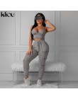 Kliou kobiety szary casual dwa kawałki zestaw elastyczny, wysoki wiązanie w pasie spodnie + pasek v-neck krótki top strój fitnes