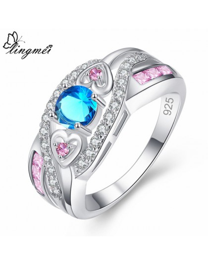 Lingmei Dropshipping moda damska biżuteria ślubna owalna z designem serca Multicolor & Purple White CZ srebro 925 rozmiar pierśc