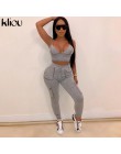 Kliou kobiety szary casual dwa kawałki zestaw elastyczny, wysoki wiązanie w pasie spodnie + pasek v-neck krótki top strój fitnes