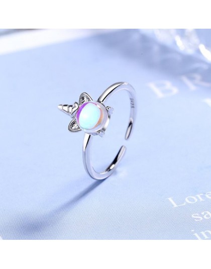 Nowy Exquisite kolor kamień księżycowy jednorożec otwarcie pierścionki dla kobiet 925 Sterling Silver biżuteria akcesoria Party 
