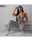 Kliou kobiety szary casual dwa kawałki zestaw elastyczny, wysoki wiązanie w pasie spodnie + pasek v-neck krótki top strój fitnes