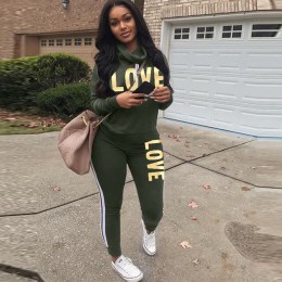 Plus rozmiar 2 sztuka zestaw kobiety czarny strój nadruk napis love na szyję bluzy z kapturem bluza spodnie dresowe Streetwear g