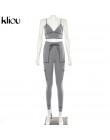 Kliou kobiety szary casual dwa kawałki zestaw elastyczny, wysoki wiązanie w pasie spodnie + pasek v-neck krótki top strój fitnes