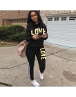 Plus rozmiar 2 sztuka zestaw kobiety czarny strój nadruk napis love na szyję bluzy z kapturem bluza spodnie dresowe Streetwear g