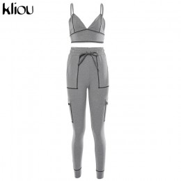 Kliou kobiety szary casual dwa kawałki zestaw elastyczny, wysoki wiązanie w pasie spodnie + pasek v-neck krótki top strój fitnes
