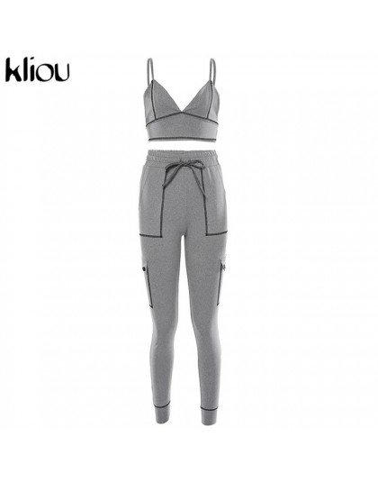 Kliou kobiety szary casual dwa kawałki zestaw elastyczny, wysoki wiązanie w pasie spodnie + pasek v-neck krótki top strój fitnes