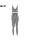 Kliou kobiety szary casual dwa kawałki zestaw elastyczny, wysoki wiązanie w pasie spodnie + pasek v-neck krótki top strój fitnes