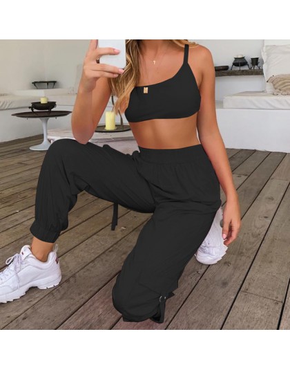 BOOFEENAA różowy Sexy dwuczęściowy zestaw krótki top i Cargo spodnie garnitury Streetwear dres kobiety letnie ubrania pasujące z