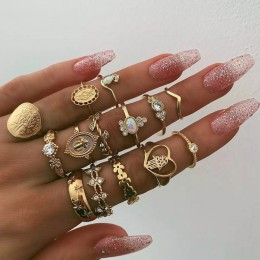 Tocona 15 sztuk/zestaw Boho Virgin Mary złote pierścionki dla kobiet serce Fatima ręce Anillos krzyż liść geometryczne koльцо bi