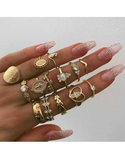 Tocona 15 sztuk/zestaw Boho Virgin Mary złote pierścionki dla kobiet serce Fatima ręce Anillos krzyż liść geometryczne koльцо bi