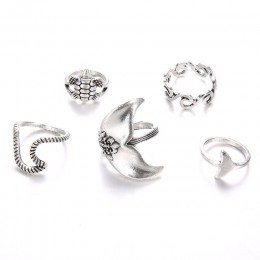 BOYULIGE 5 sztuk/zestaw Vintage pierścienie dla kobiet boho geometryczne srebrny Turtle wieloryb ogon fale zestaw pierścieni Knu