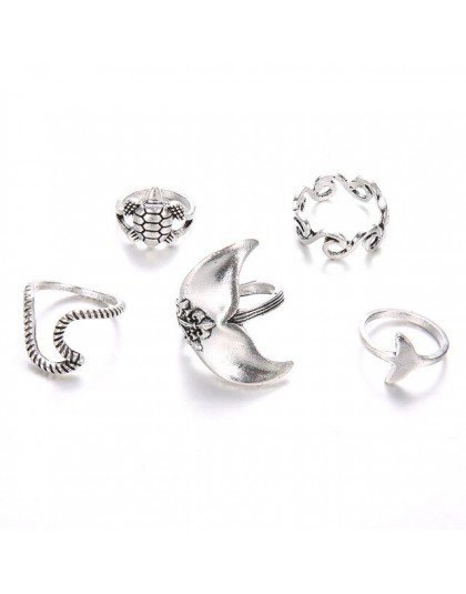 BOYULIGE 5 sztuk/zestaw Vintage pierścienie dla kobiet boho geometryczne srebrny Turtle wieloryb ogon fale zestaw pierścieni Knu