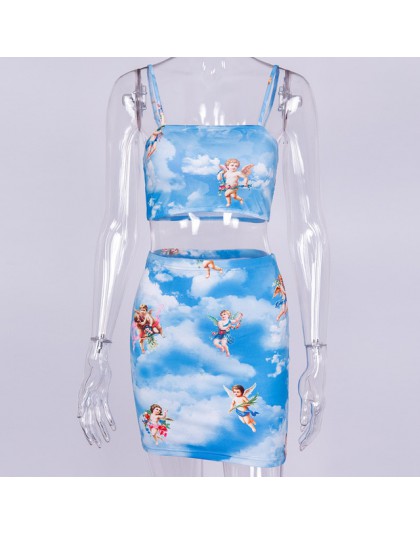 LVINMW Sexy Angel Cupid wydrukowano Bodycon 2 sztuk zestawy moda 2019 lato kobiety Camisole krótkie bluzki i wysokiej talii krót
