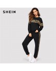 SHEIN czarny Leopard Panel sweter kobiet O-neck Athleisure bluza i zestaw dresowy jesień kobiety Casual zestawy dwuczęściowe