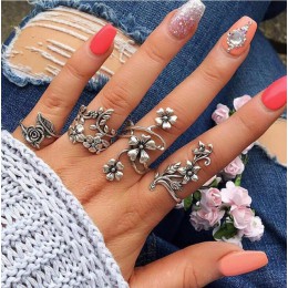 Tocona 4 sztuk/zestaw Antique Silver Vintage Bohemia zestaw pierścieni Rose pierścienie kwiatowe dla kobiet urocze czechy Floral