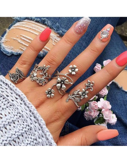 Tocona 4 sztuk/zestaw Antique Silver Vintage Bohemia zestaw pierścieni Rose pierścienie kwiatowe dla kobiet urocze czechy Floral