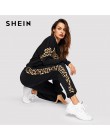 SHEIN czarny Leopard Panel sweter kobiet O-neck Athleisure bluza i zestaw dresowy jesień kobiety Casual zestawy dwuczęściowe