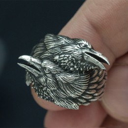 EYHIMD Viking mężczyźni dwa splecione kruki pierścień mitologia nordycka kolor srebrny Odin Crow stal nierdzewna stalowe pierści