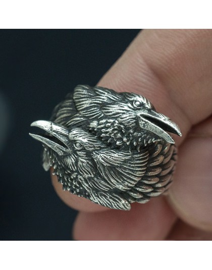 EYHIMD Viking mężczyźni dwa splecione kruki pierścień mitologia nordycka kolor srebrny Odin Crow stal nierdzewna stalowe pierści