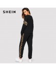 SHEIN czarny Leopard Panel sweter kobiet O-neck Athleisure bluza i zestaw dresowy jesień kobiety Casual zestawy dwuczęściowe
