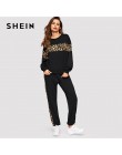 SHEIN czarny Leopard Panel sweter kobiet O-neck Athleisure bluza i zestaw dresowy jesień kobiety Casual zestawy dwuczęściowe