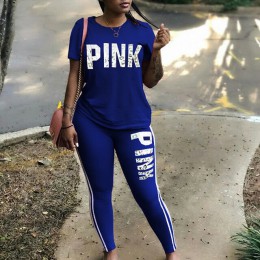 Plus rozmiar 2 sztuka zestaw kobiety dres Casual różowy list drukuj Sexy dresy koszulka z krótkim rękawem Top spodnie obcisłe XX