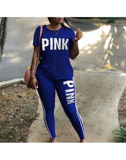 Plus rozmiar 2 sztuka zestaw kobiety dres Casual różowy list drukuj Sexy dresy koszulka z krótkim rękawem Top spodnie obcisłe XX
