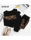 SHEIN czarny Leopard Panel sweter kobiet O-neck Athleisure bluza i zestaw dresowy jesień kobiety Casual zestawy dwuczęściowe