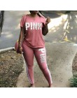 Plus rozmiar 2 sztuka zestaw kobiety dres Casual różowy list drukuj Sexy dresy koszulka z krótkim rękawem Top spodnie obcisłe XX