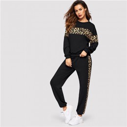 SHEIN czarny Leopard Panel sweter kobiet O-neck Athleisure bluza i zestaw dresowy jesień kobiety Casual zestawy dwuczęściowe
