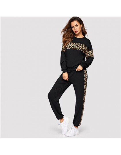 SHEIN czarny Leopard Panel sweter kobiet O-neck Athleisure bluza i zestaw dresowy jesień kobiety Casual zestawy dwuczęściowe