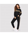 SHEIN czarny Leopard Panel sweter kobiet O-neck Athleisure bluza i zestaw dresowy jesień kobiety Casual zestawy dwuczęściowe