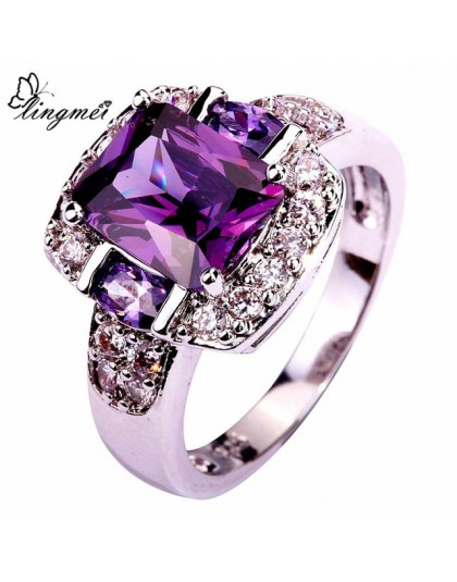 Lingmei Fashion urocza ładna, damska biżuteria Party Purple & White CZ srebro 925 rozmiar pierścionka 6 7 8 9 10 11 12 13 prezen