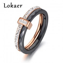 Lokaer 2 warstwy czarny/biały ceramiczne kryształowe obrączki biżuteria róża/biały złoty kolor stal nierdzewna Rhinestone zaręcz
