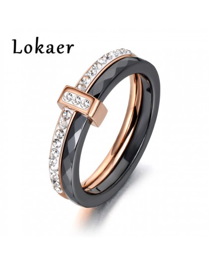 Lokaer 2 warstwy czarny/biały ceramiczne kryształowe obrączki biżuteria róża/biały złoty kolor stal nierdzewna Rhinestone zaręcz