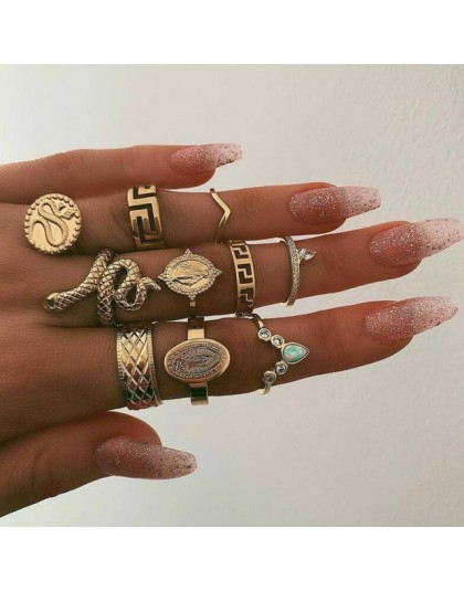 KMVEXO 10 sztuk/zestaw Vintage Boho wąż kryształowy palec zestaw pierścieni Punk czeski posąg buddy kamienny pierścień dla kobie