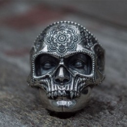 Unikatowy kolor srebrny stal nierdzewna 316L ciężka cukrowa czaszka pierścień mężczyzna Mandala kwiat Santa Muerte biżuteria dla