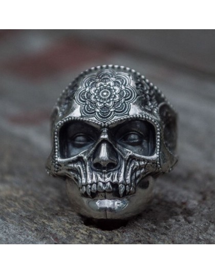 Unikatowy kolor srebrny stal nierdzewna 316L ciężka cukrowa czaszka pierścień mężczyzna Mandala kwiat Santa Muerte biżuteria dla