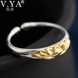 V. YA 925 Sterling Silver Vintage Lotus Flower otwarty pierścień złoty kolor roślin pierścienie kwiatowe dla kobiet dziewczyn mo