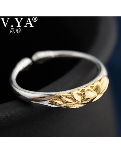 V. YA 925 Sterling Silver Vintage Lotus Flower otwarty pierścień złoty kolor roślin pierścienie kwiatowe dla kobiet dziewczyn mo