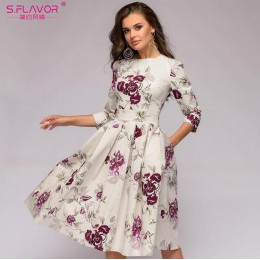 S. FLAVOR kobiety elegancka linia Midi sukienka w stylu Vintage drukowanie party vestidos rękaw 3/4 kobiety szczupła wiosna letn