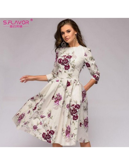 S. FLAVOR kobiety elegancka linia Midi sukienka w stylu Vintage drukowanie party vestidos rękaw 3/4 kobiety szczupła wiosna letn