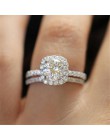 Huitan 2PC pierścionek zaręczynowy z okrągłym Brilliant Cubic cyrkon Prong ustawienie rocznica zaręczynowe obrączki dla kobiet r