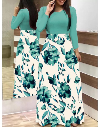 Wiosna jesień dla kobiet sukienka 2020 Casual z długim rękawem O-neck tunika sukienki Patchwork moda nadruk w stylu Vintage Maxi