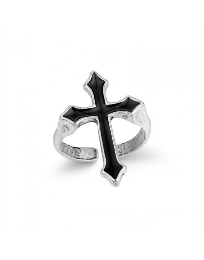 GEOMEE 1PC Vintage czarny wielki krzyż otwarty pierścień dla kobiet Party biżuteria mężczyźni Trendy Gothic kolor srebrny palec 