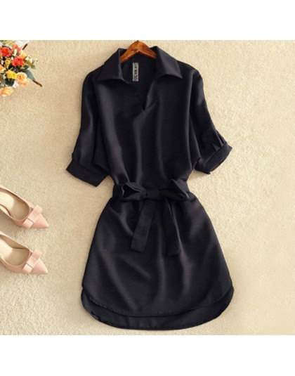 Koszule damskie 2019 letnia sukienka codzienna Fashion Office Lady jednolita, czerwona sukienki szyfonowe dla kobiet Sashes tuni