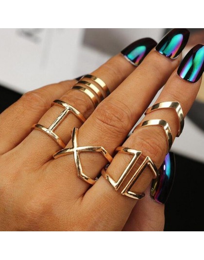 5 sztuk/zestaw klasyczny złoty kolor V Chevron pierścienie geometryczne nieregularne zestaw pierścieni Lady Charm biżuteria kost